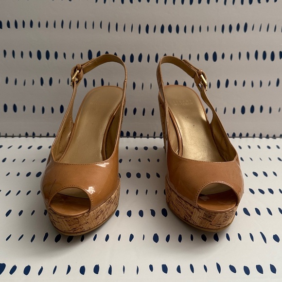 Stuart Weitzman Jean Slingback Wedge Sandals in Nude Patent Leather - Picture 2 of 11